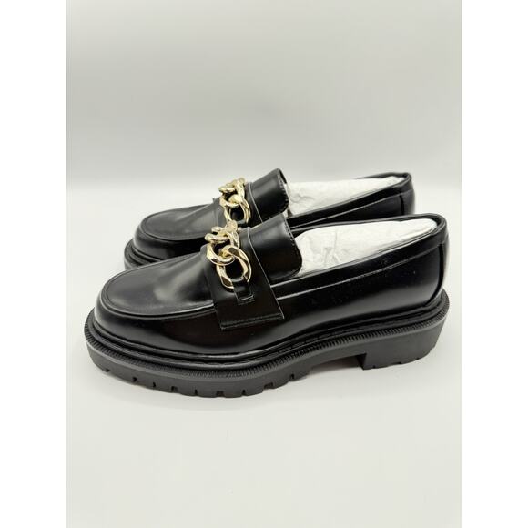 H&M Loafers Womens 9 Black Leather Gold Chain Lug Soles Chunky Platform Boho - Picture 2 of 4